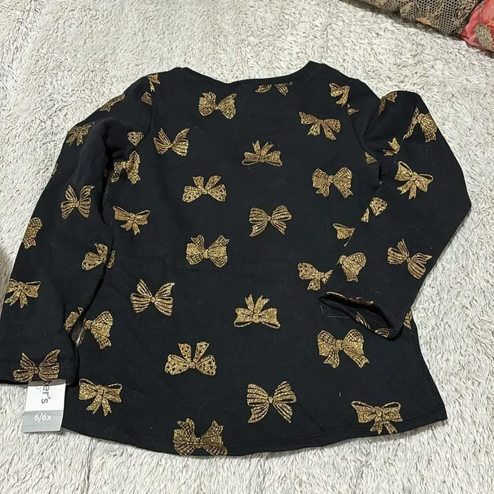 Carter’s 6 black grey gold bow sweatshirt hi low hemline nwt fleece line perfect